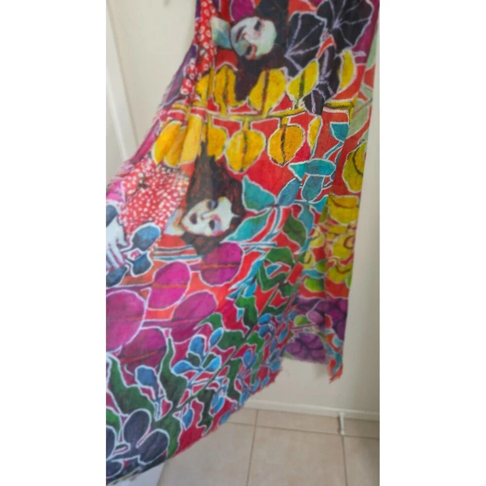 OAK KUNA Peru Baby Alpaca Silk Shawl Artist Signed Floral Wrap Wearable Art NWOT